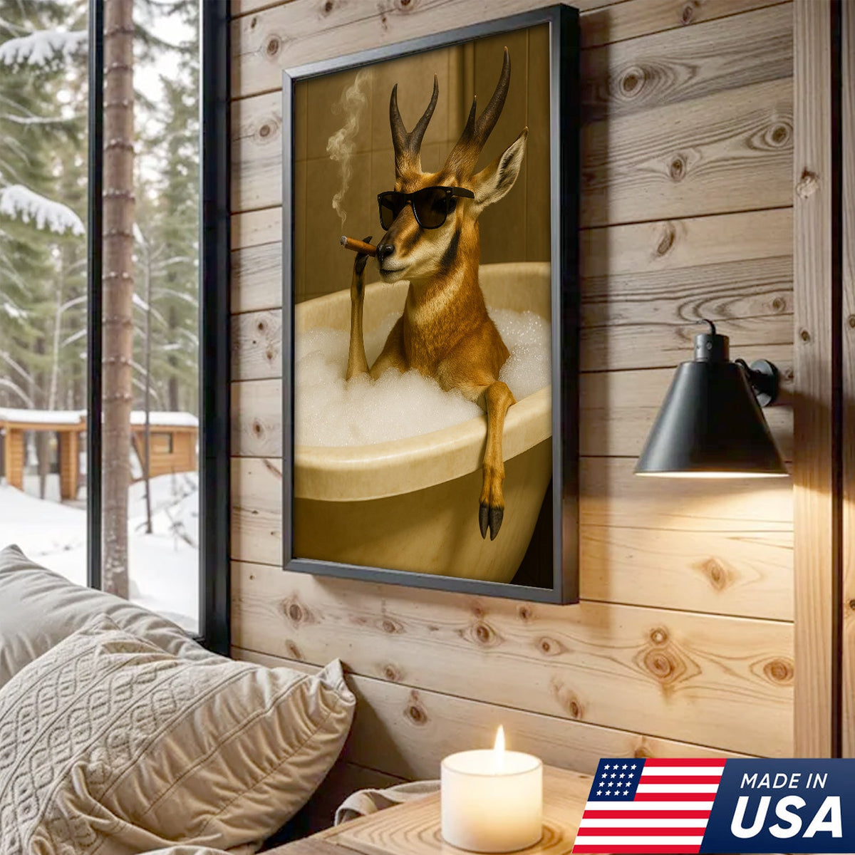 Funny Pronghorn Antelope Smoking Canvas Wall Art – Cool Bathtub & Cigar Gift for Hunters