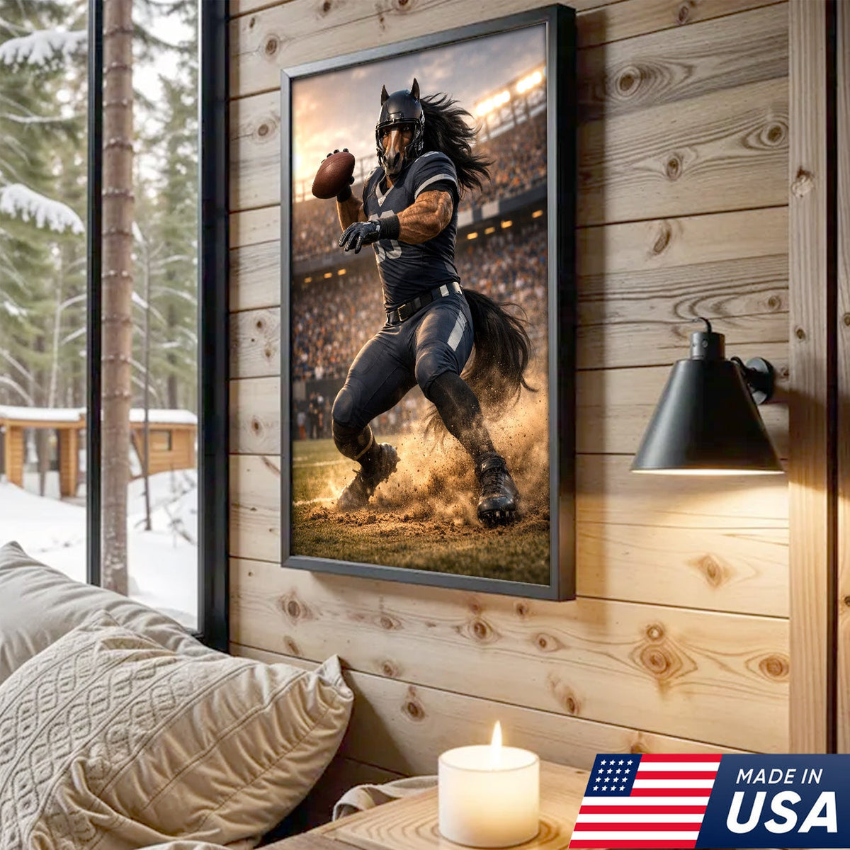 Dark Stallion Football Canvas Wall Art – Powerful Horse Athlete Stadium Action Print