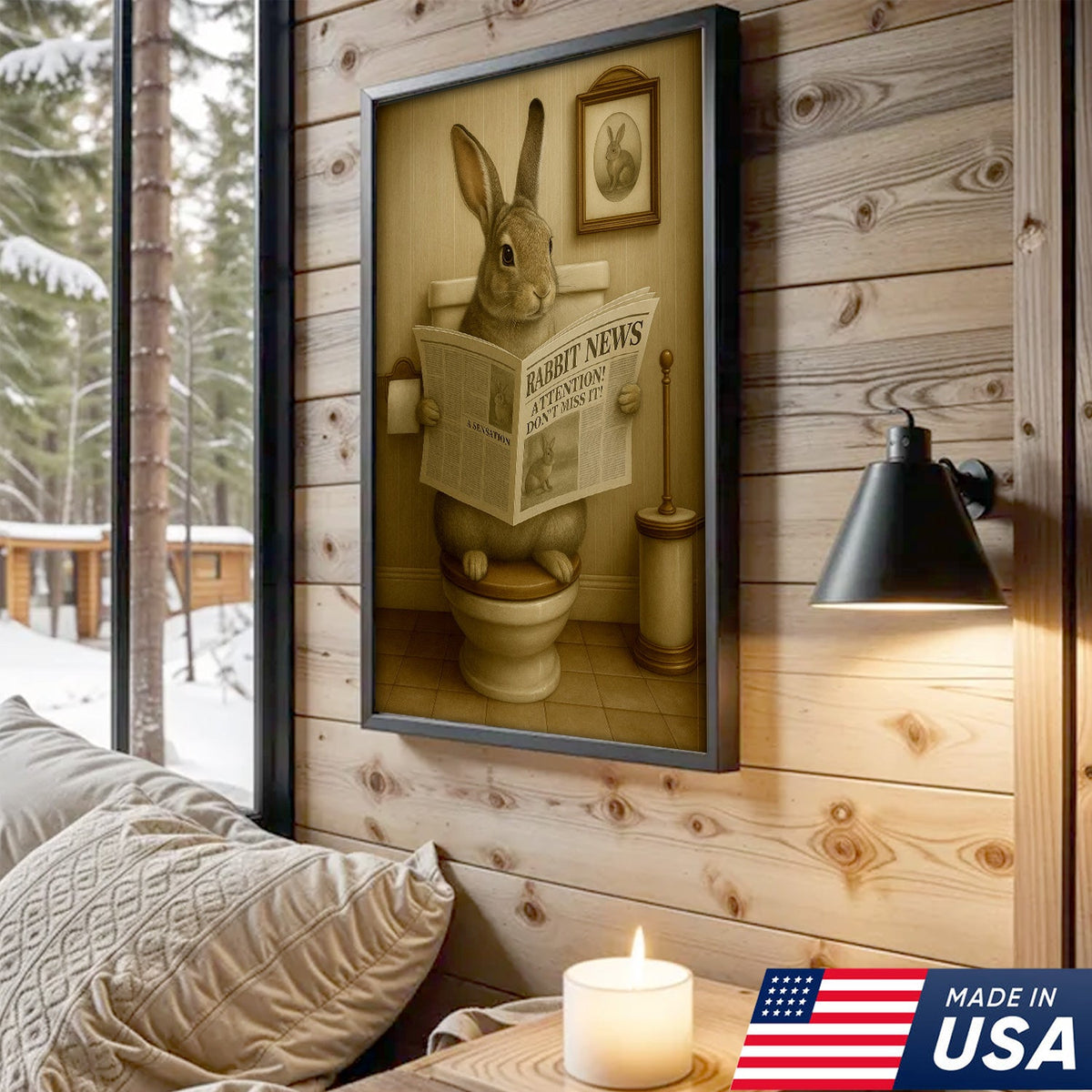 Funny Bunny Rabbit Bathroom Canvas – Unique Rustic Wildlife Decor Gift for Hunting Enthusiasts
