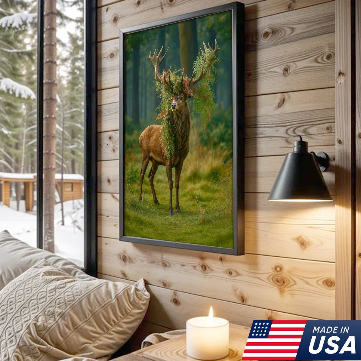 Forest Stag with Fern Crown Canvas Wall Art, Woodland Deer Print, Rustic Cabin Nature Decor