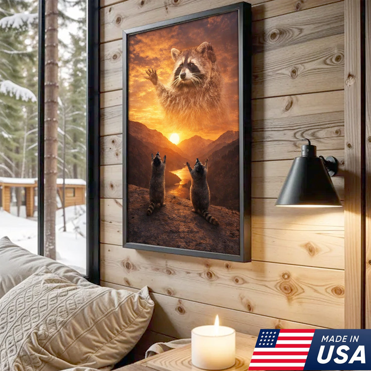 Funny Raccoon God Sunset Canvas Wall Art, Raccoon Worship Mountain Landscape