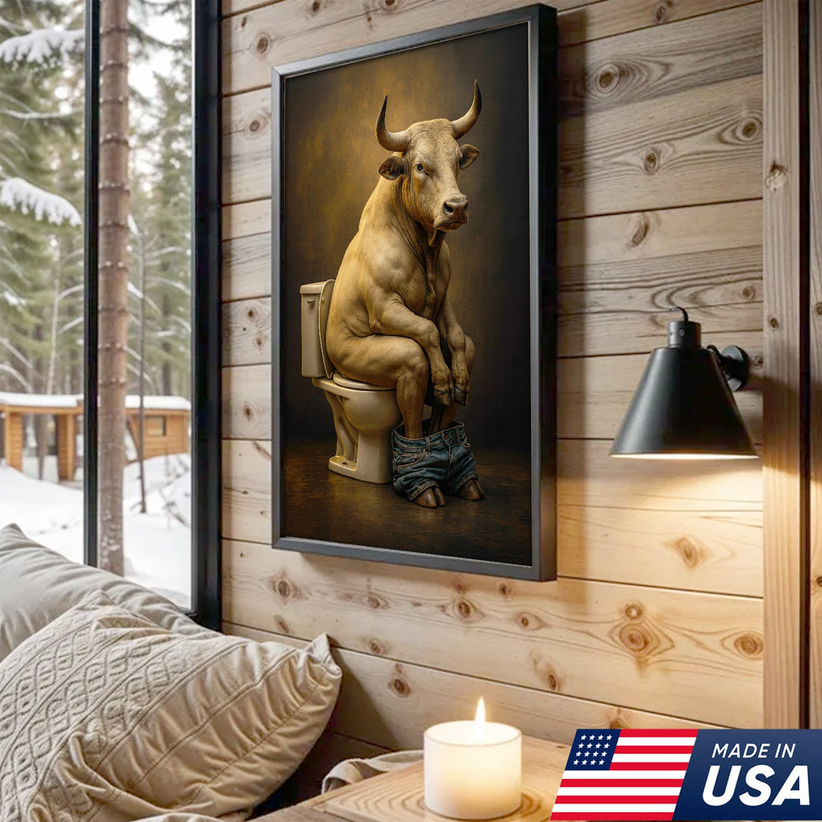 Funny Bull on Toilet Wall Art Canvas – Hilarious Farmhouse Bathroom Decor for Men & Guests