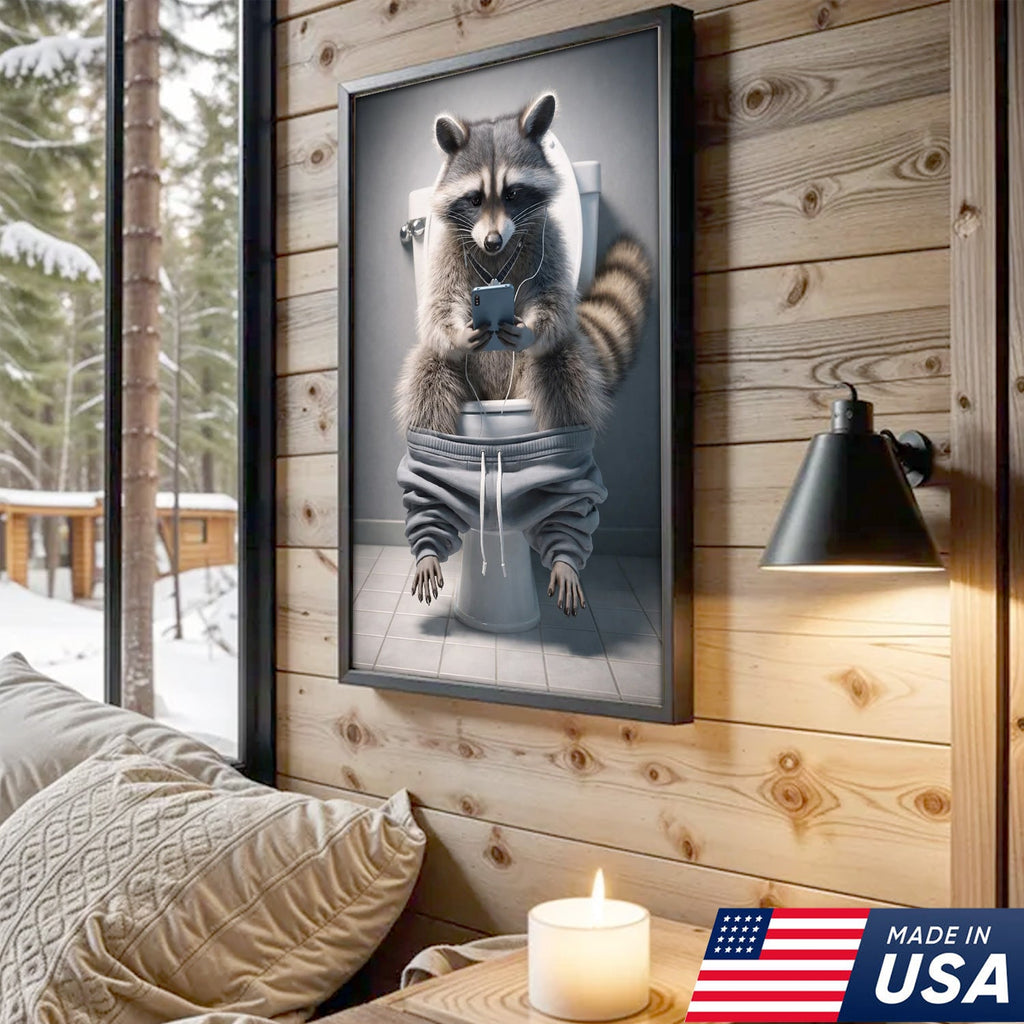 Funny Raccoon Toilet Canvas, Bathroom Humor Wall Art, Animal Decor