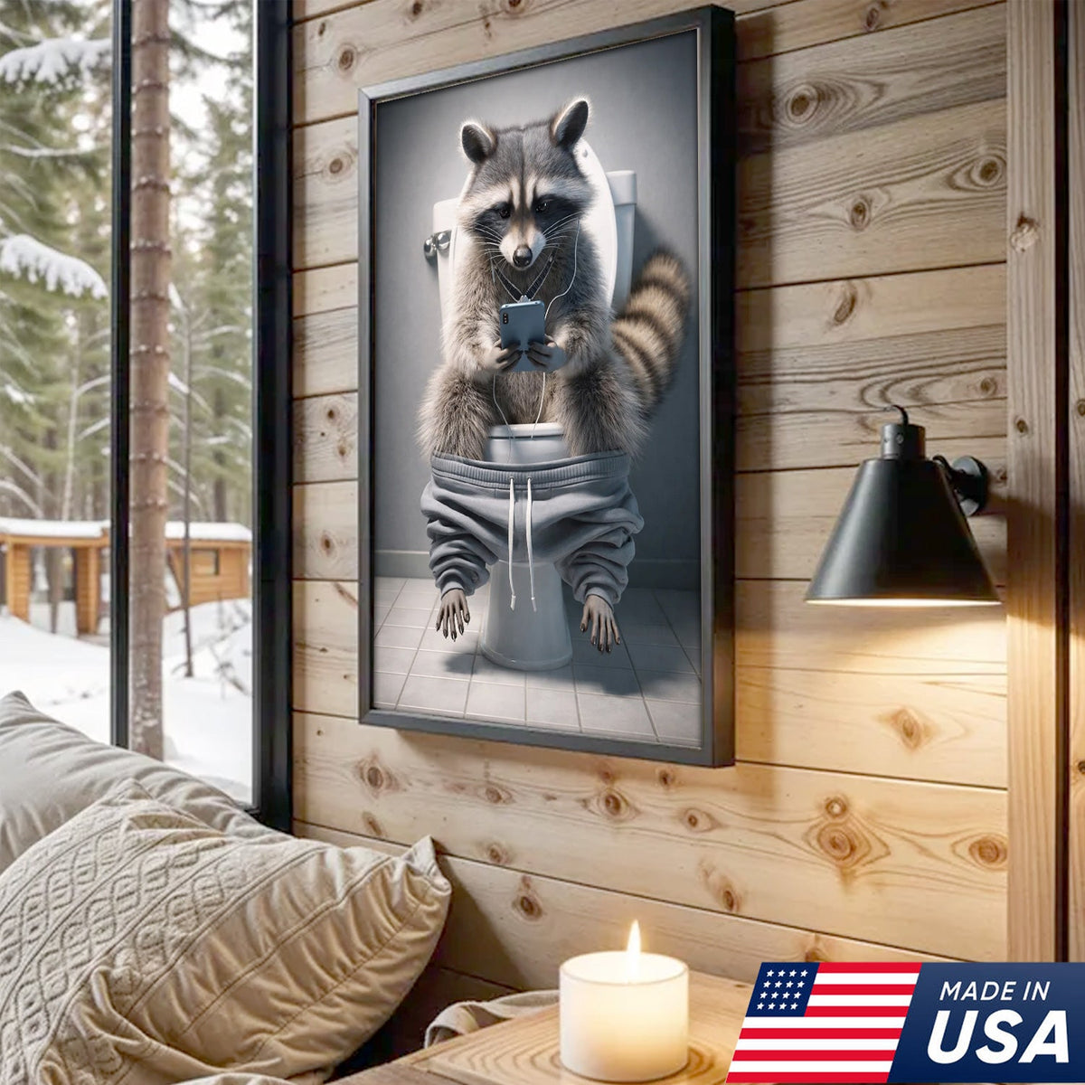 Funny Raccoon Toilet Canvas, Bathroom Humor Wall Art, Animal Decor
