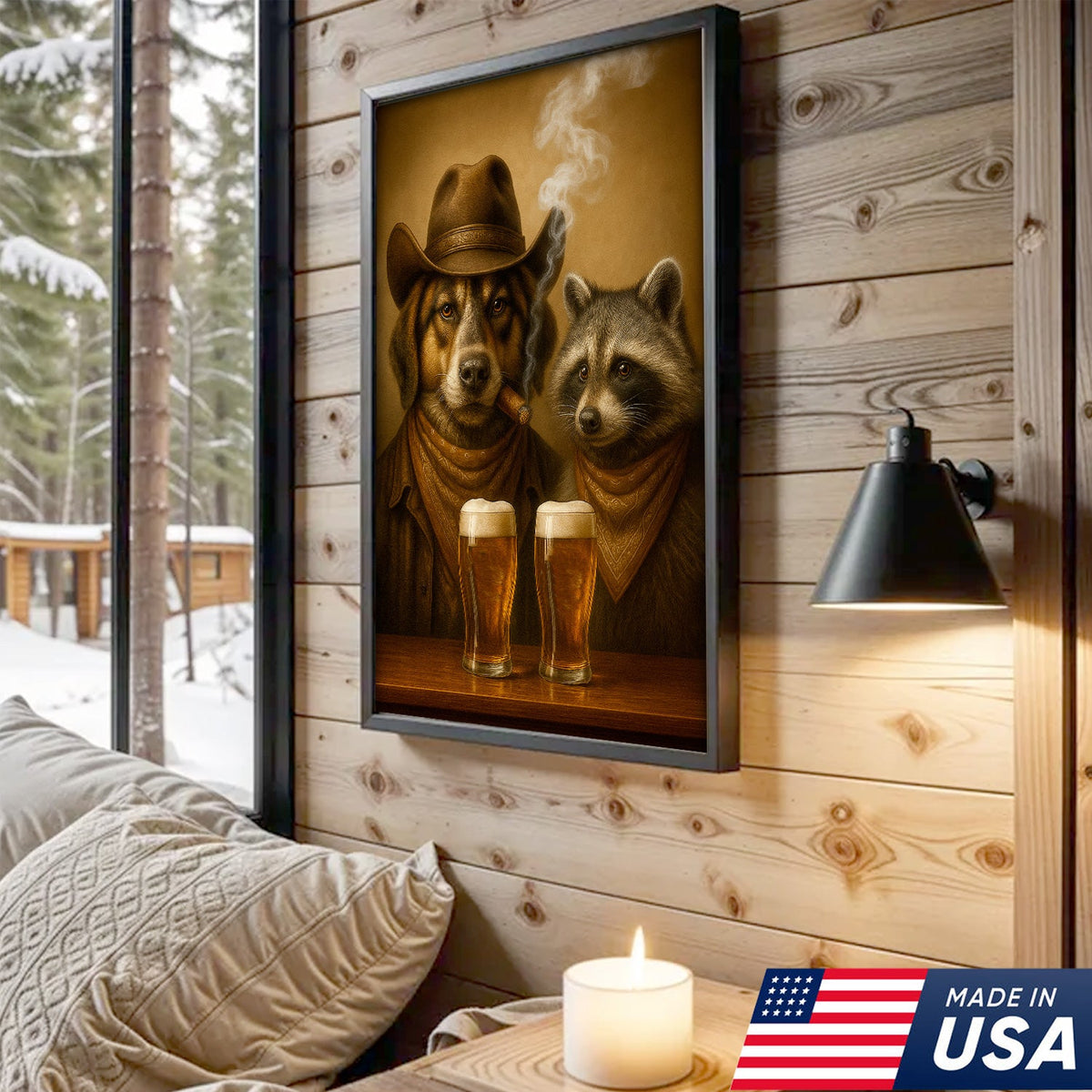 Funny Dog & Raccoon Cowboy Canvas Wall Art – Funny Western Beer Decor for Hunters