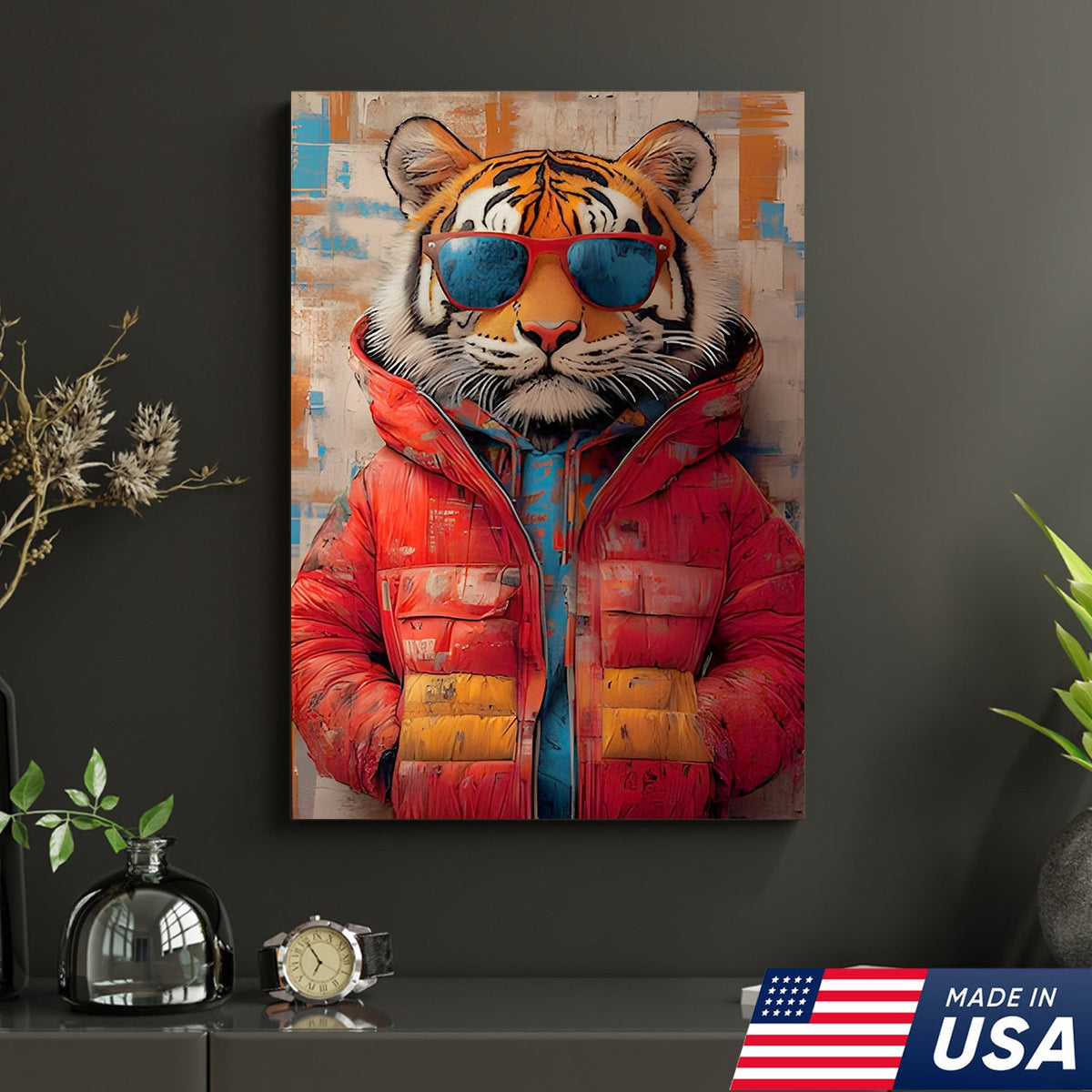 Urban Cool Animals Triptych Canvas Wall Art Set, Tiger Monkey Rabbit Street Art Portraits