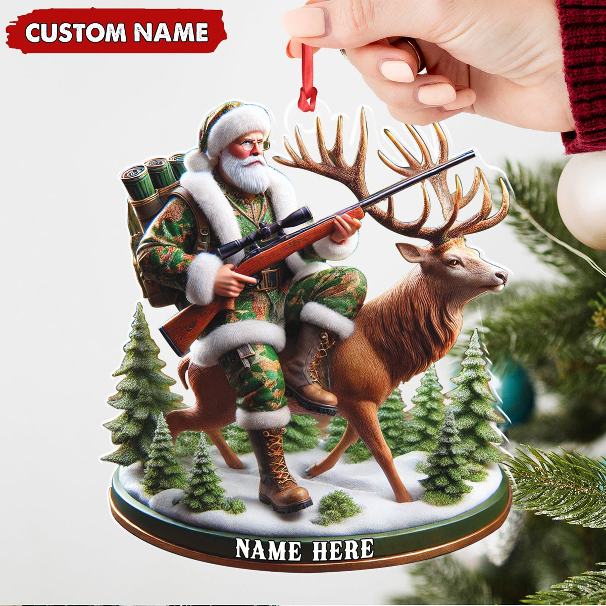 Personalized Acrylic Hunter Santa Riding Deer Christmas Ornament - Custom Hunting Gift Decoration