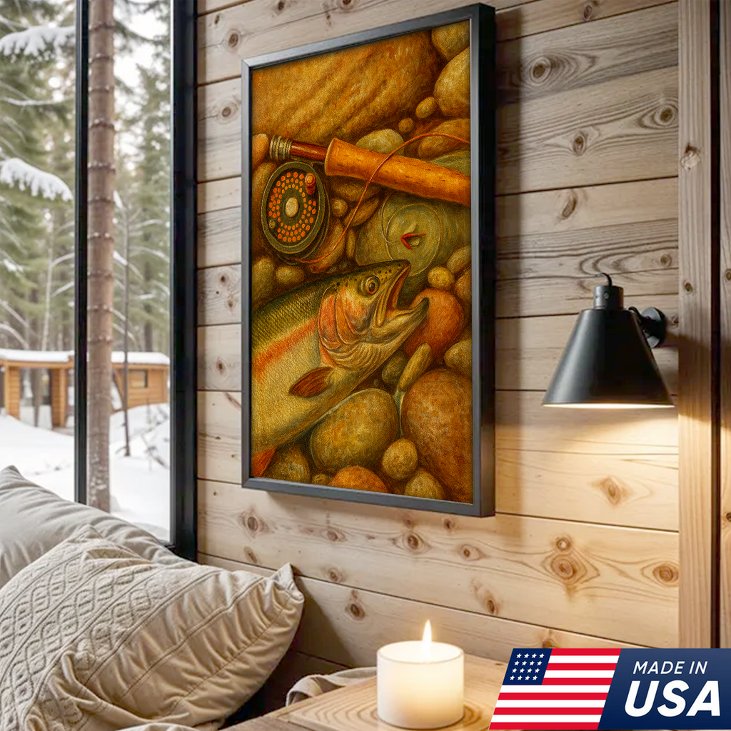 ly Fishing Canvas Wall Art – Retro Trout Painting with Rod & Reel Rustic Cabin Lodge Decor