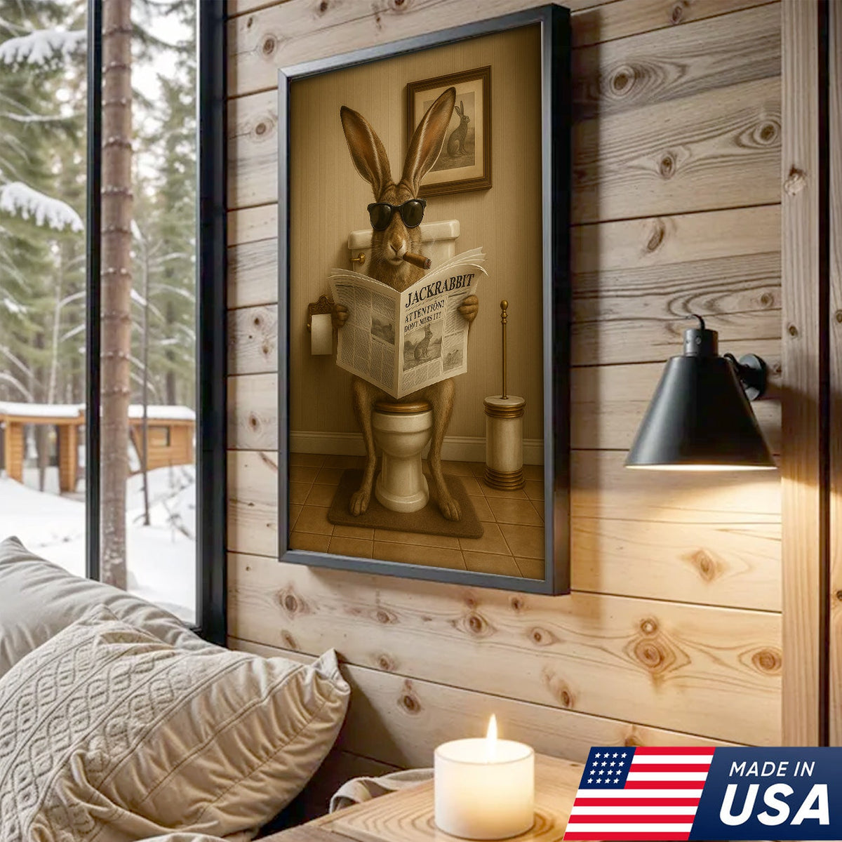 Funny Jackrabbit Bathroom Canvas Wall Art – Rustic Wildlife Lodge Decor Gift for Hunters & Cabin
