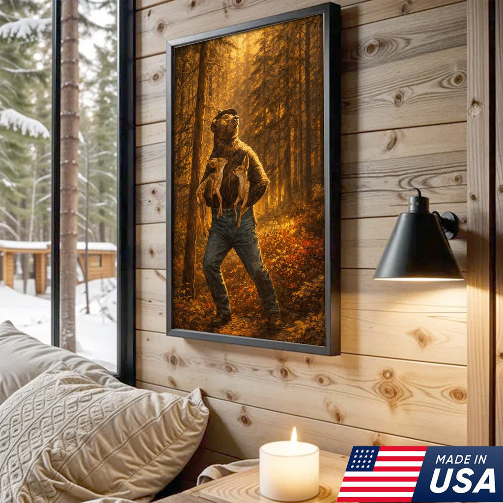 Protector of the Wild Canvas Wall Art – Bear Holding Fawns Forest Scene Print