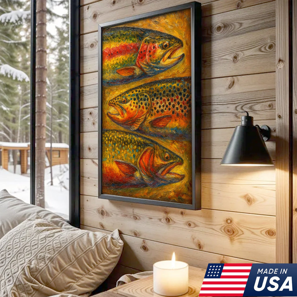 Trout Oil Painting Canvas Wall Art – Rustic Fishing Lodge Decor Gift for Anglers & Nature Lovers
