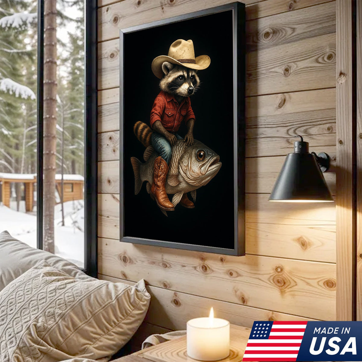 Cowboy Raccoon Riding Fish Canvas – Surreal Western Wall Art for Man Cave Decor