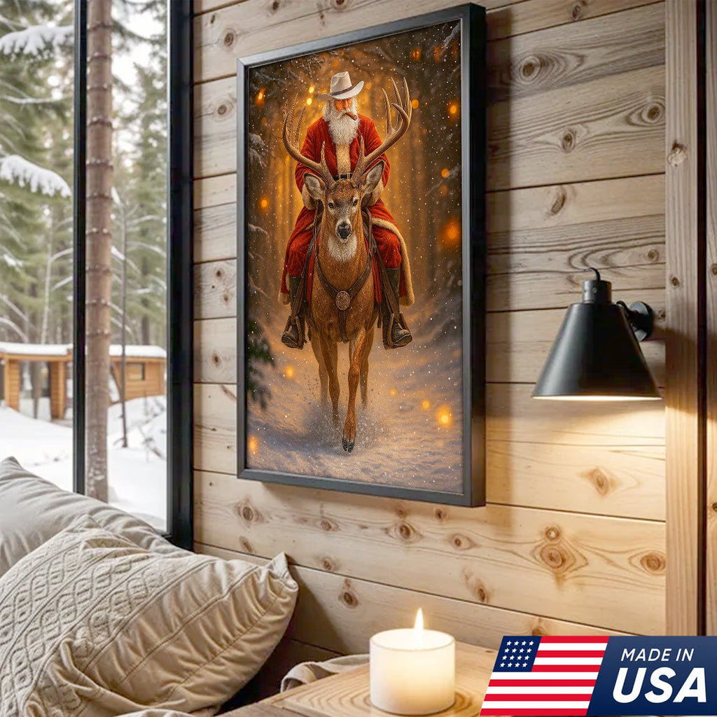 Cowboy Santa Riding Deer Canvas, Western Christmas Wall Art Decor