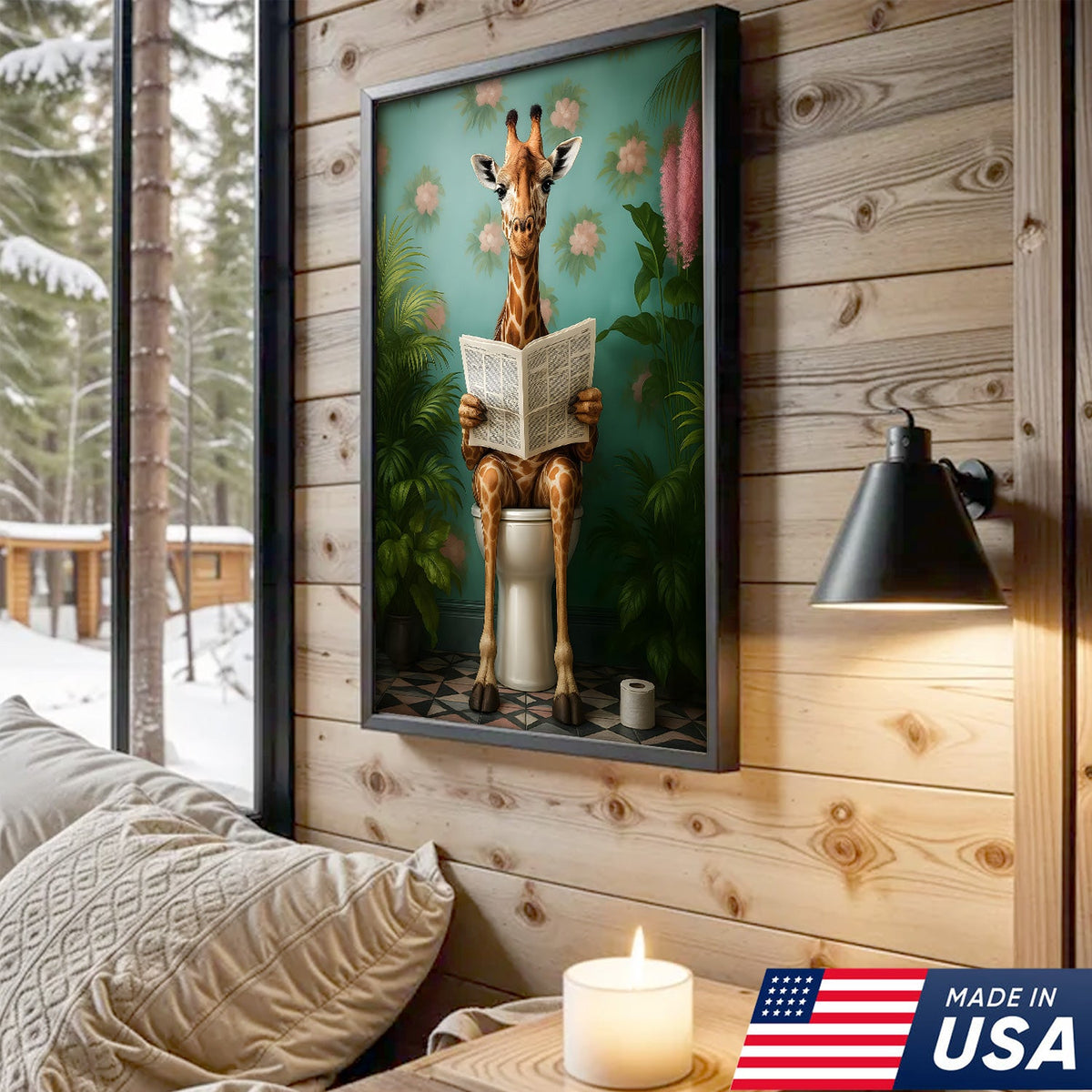 Funny Giraffe Bathroom Canvas Wall Art, Whimsical Animal Reading Newspaper Print