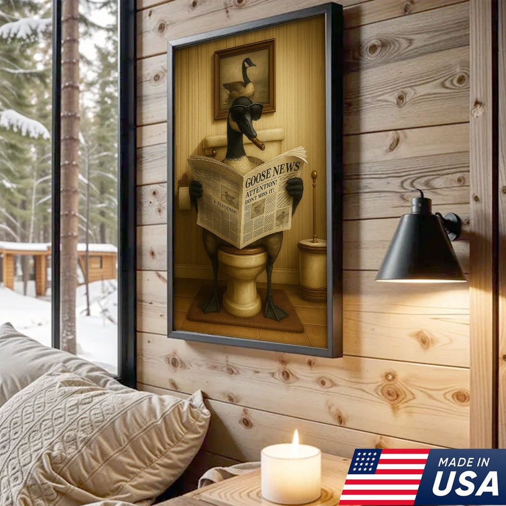 Funny Canada Goose Reading Newspaper Canvas – Funny Bathroom Wall Art