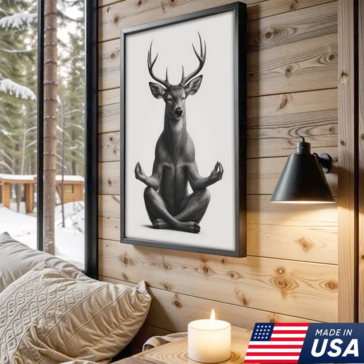 Yoga Deer Canvas Wall Art, Meditating Buck Minimalist Black and White Print, Peaceful Wildlife Zen Decor