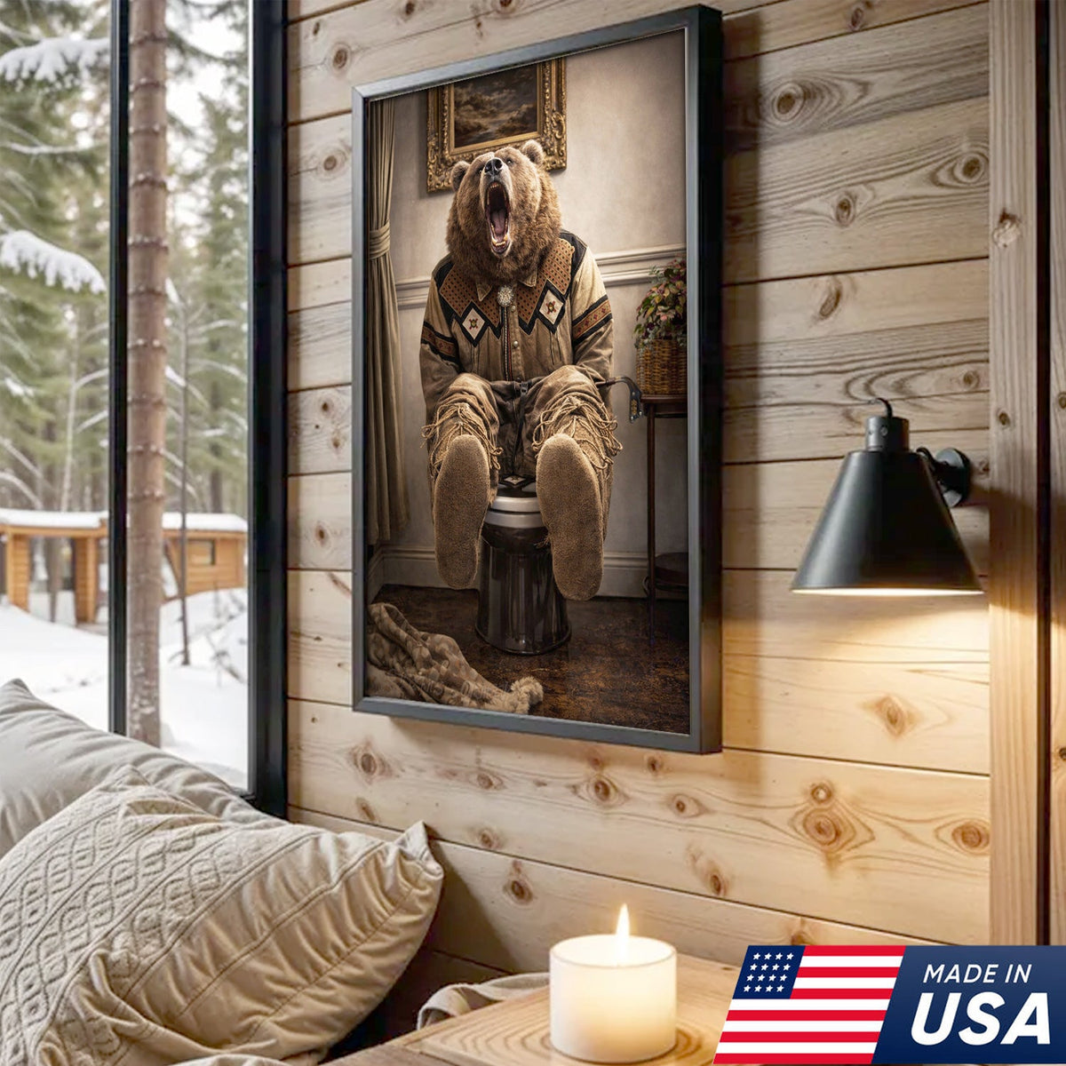Funny Bear Bathroom Canvas Wall Art – Western Bear On Toilet