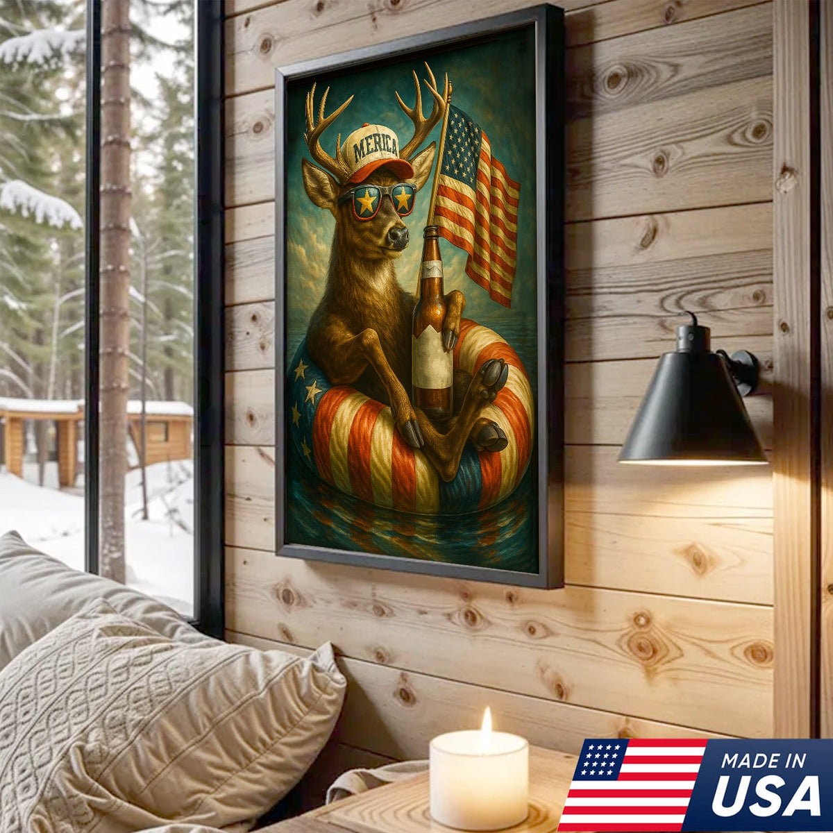 Patriotic Deer Wall Art Canvas – Funny American Flag Wall Art, Man Cave & Rustic Cabin Decor