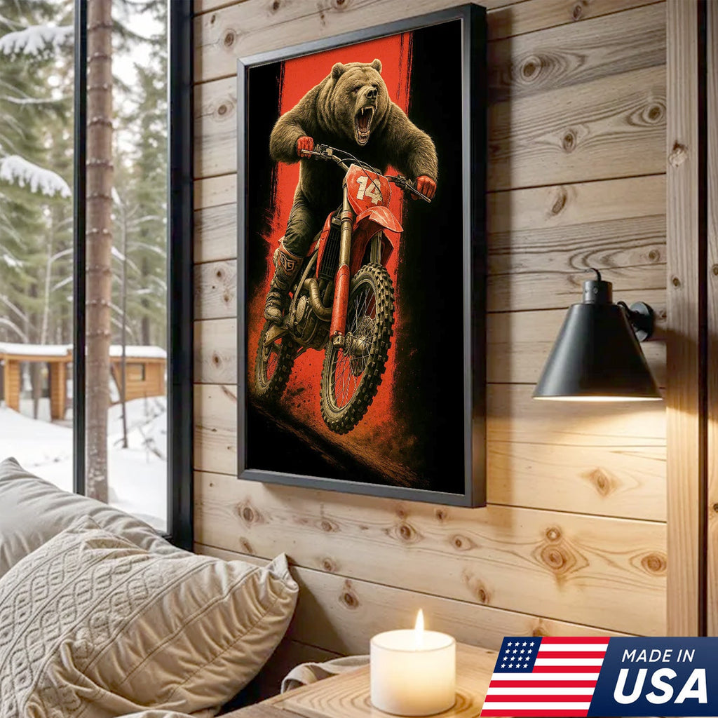 Motocross Bear Wall Art Canvas, Fierce Dirt Bike Racing Bear Print