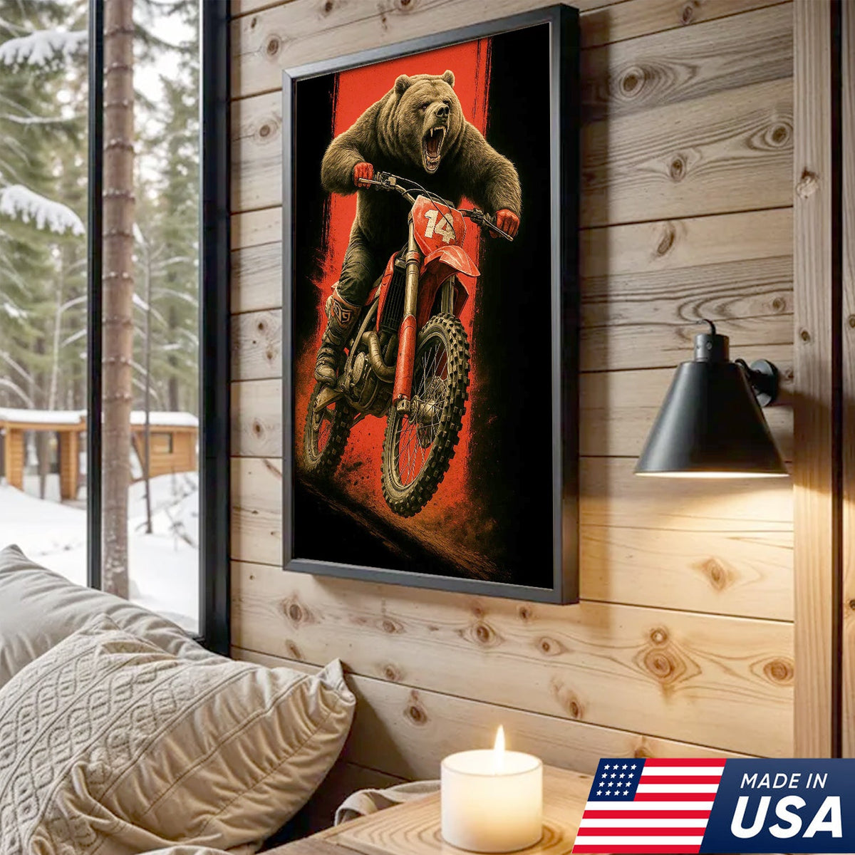 Motocross Bear Wall Art Canvas, Fierce Dirt Bike Racing Bear Print