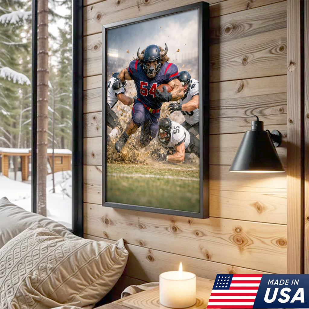 Bull Football Player Canvas Wall Art – Powerful Stadium Action Sports Print