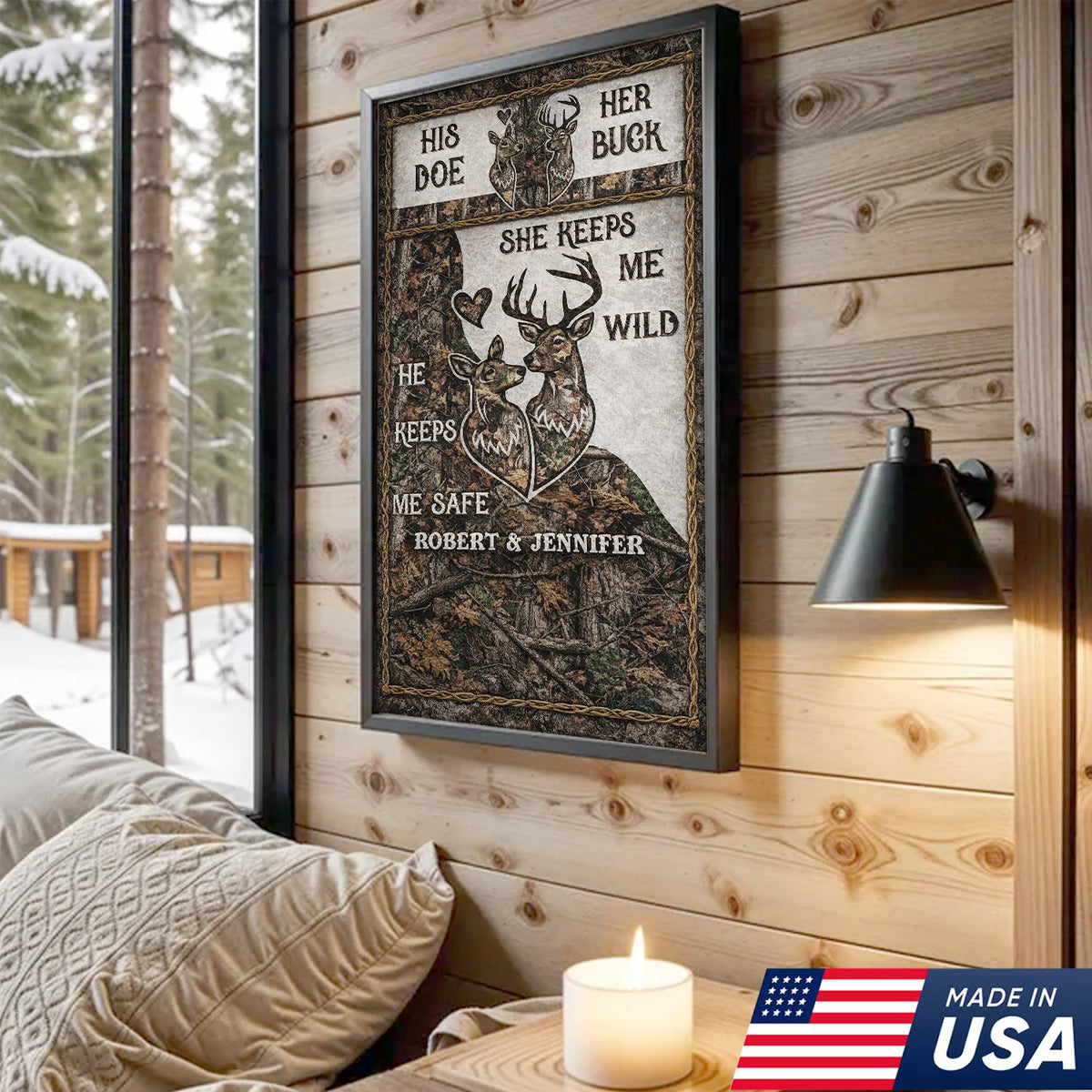 Personalized His Doe Her Buck Canvas Wall Art, Rustic Deer Couple Love Quote Artwork