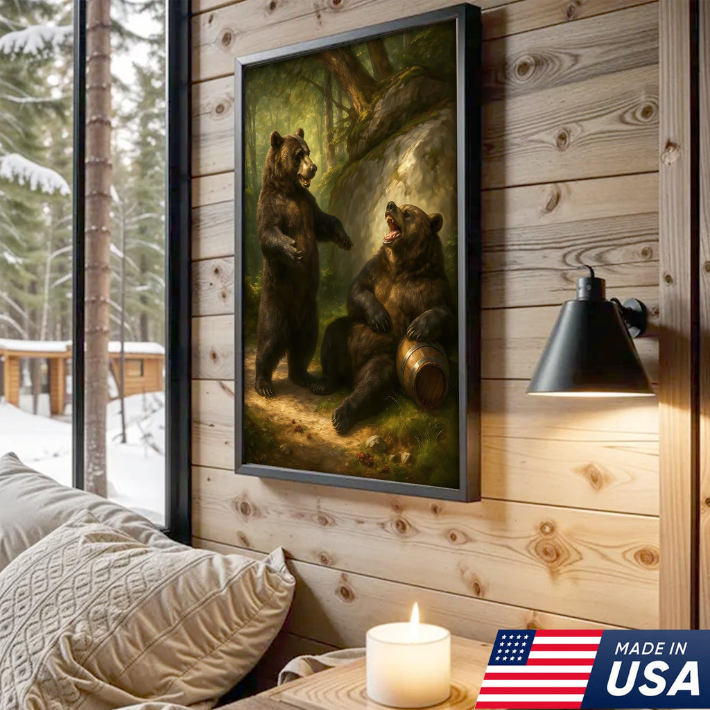 Funny Drunk Bears Canvas – Rustic Cabin Wall Art Gift for Hunters, Beer Lovers & Man Caves
