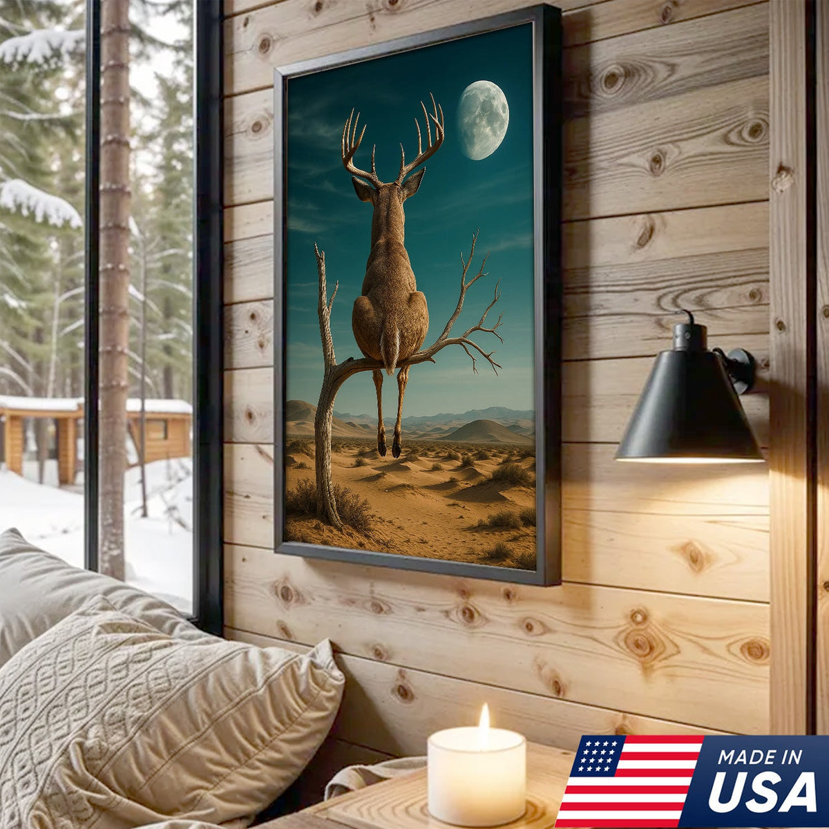 Funny Deer Moon Canvas, Whitetail Buck Sitting on Tree Wall Art, Humorous Hunter Gift