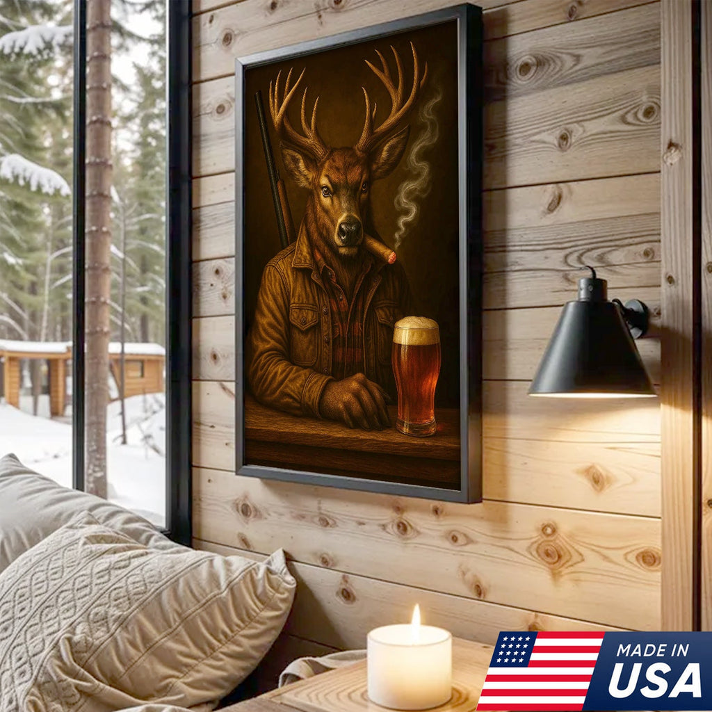 Majestic Deer Canvas Wall Art – Surreal Hunter Portrait with Beer Glass, Bold Rustic Decor