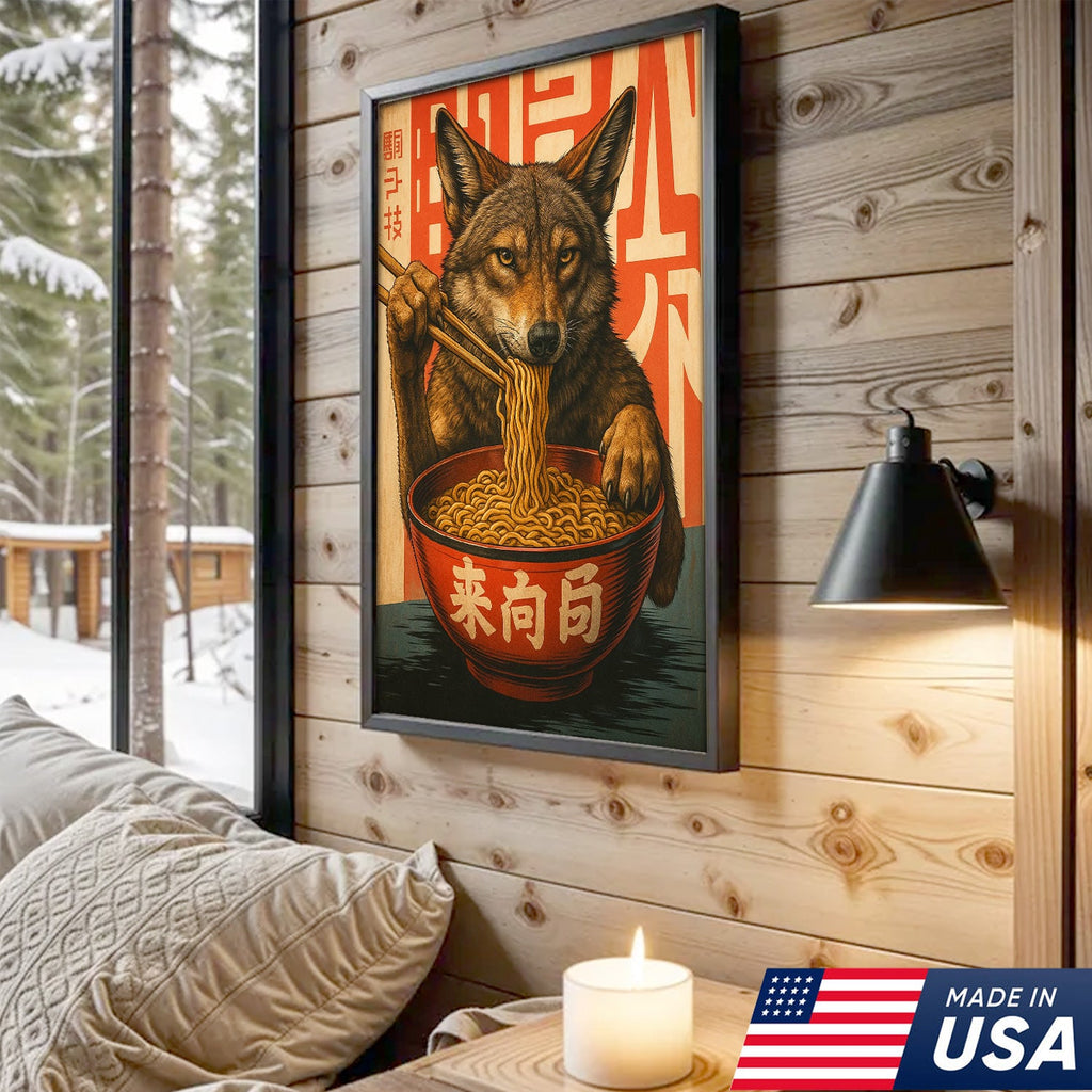 Funny Wolf Coyote Eating Ramen Canvas Wall Art, Quirky Animal Kitchen Decor