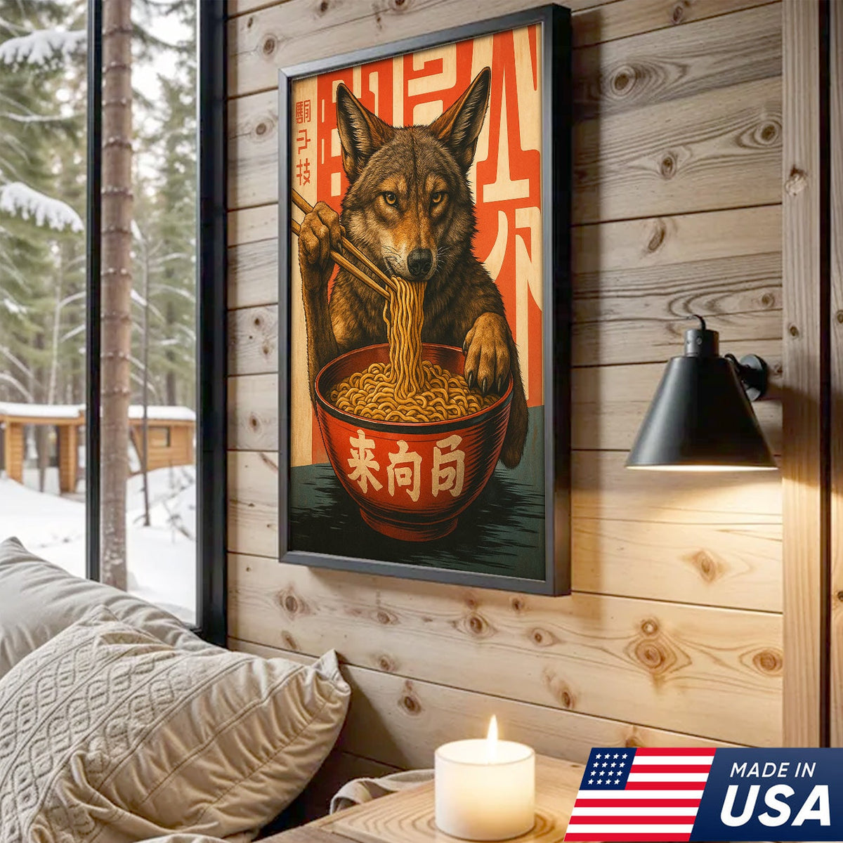 Funny Wolf Coyote Eating Ramen Canvas Wall Art, Quirky Animal Kitchen Decor