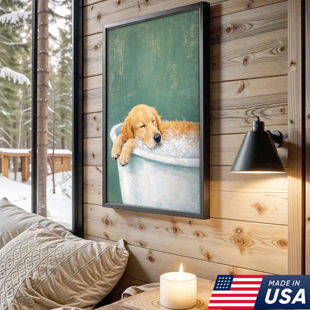 Golden Retriever Bath Canvas Wall Art, Cute Dog Bathroom Decor