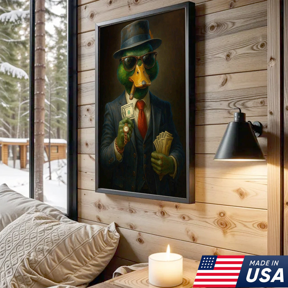 Gangster Duck Money Canvas Wall Art, Rich Boss Duck in Suit Holding Cash