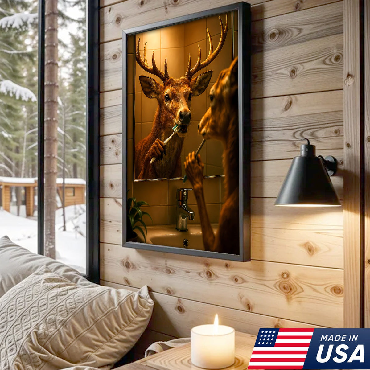 Deer Brushing Teeth Canvas – Funny Bathroom Wall Art, Cabin Decor Gift for Hunters