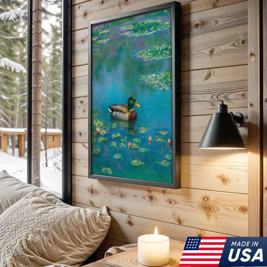 Serene Duck Pond Canvas Wall Art – Tranquil Mallard Painting – Rustic Cabin and Lodge Decor