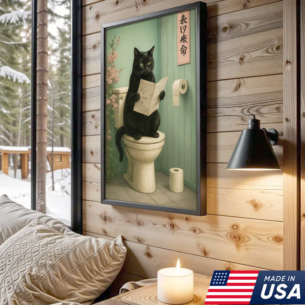 Funny Cat Bathroom Canvas Wall Art, Black Cat on Toilet Reading Newspaper