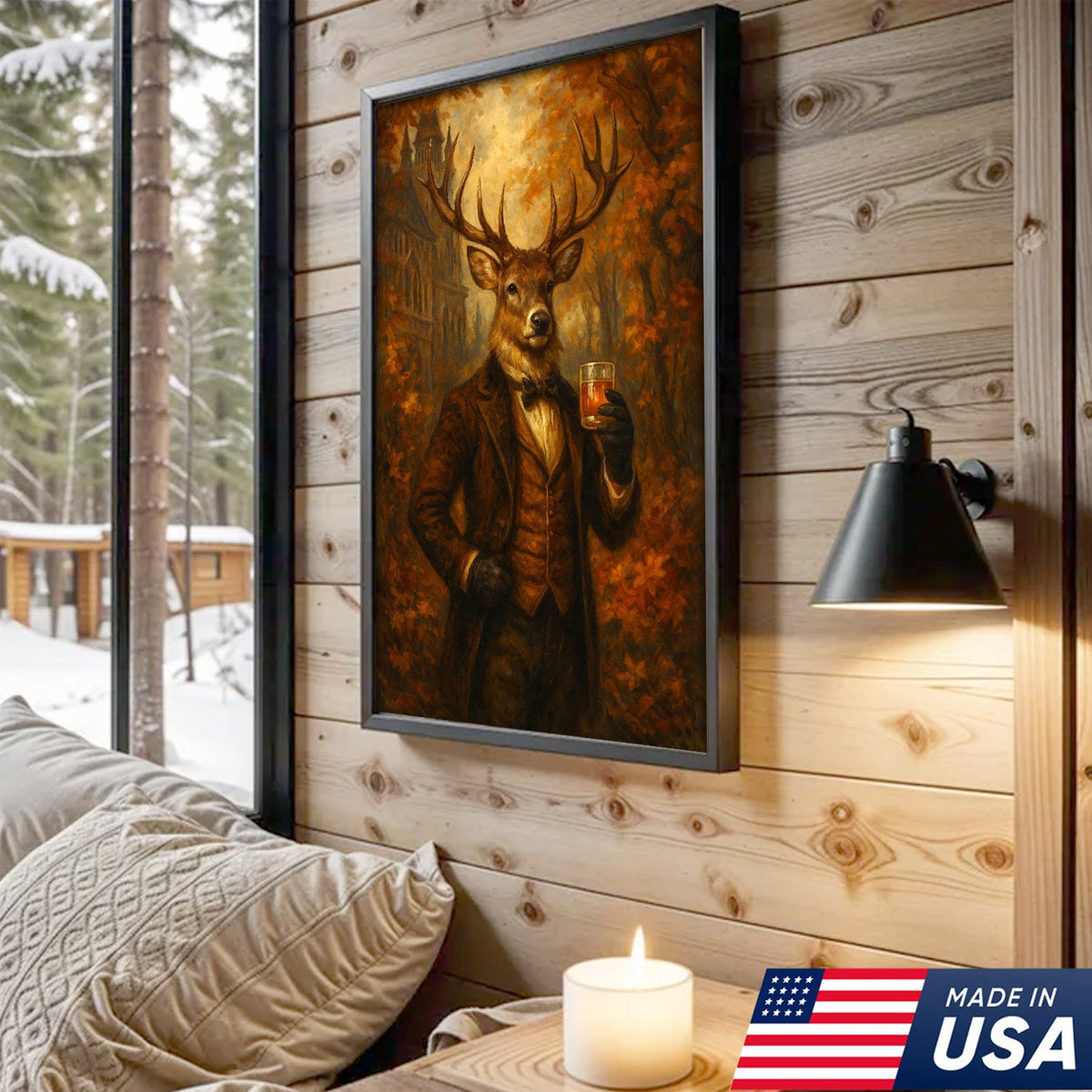 Deer Gentleman Whiskey Canvas Wall Art – Rustic Fall Hunting Lodge & Man Cave Decor