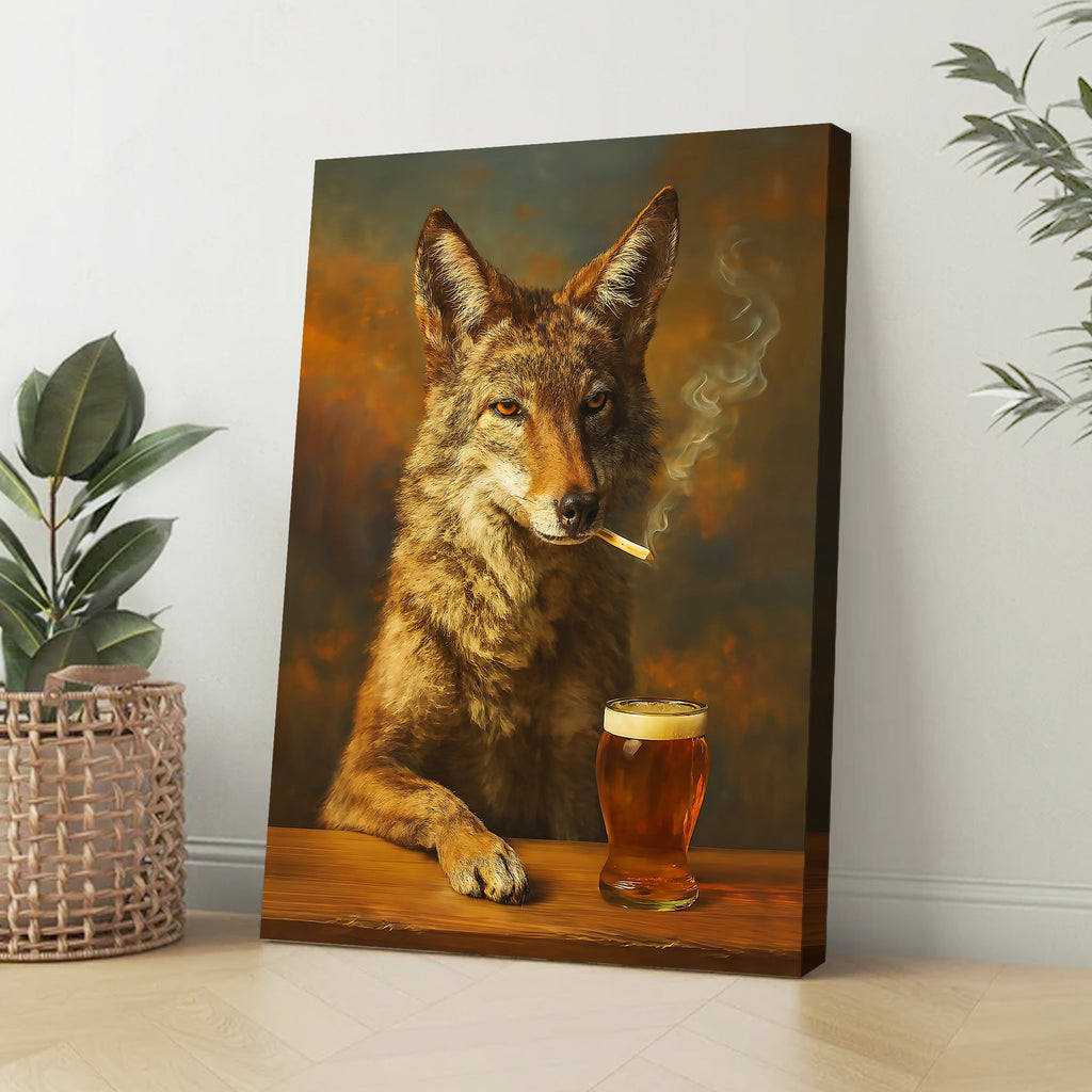 Smoking Wolf Coyote with Cocktail Glasses Canvas – Funny Hunting Wall Art for Man Caves