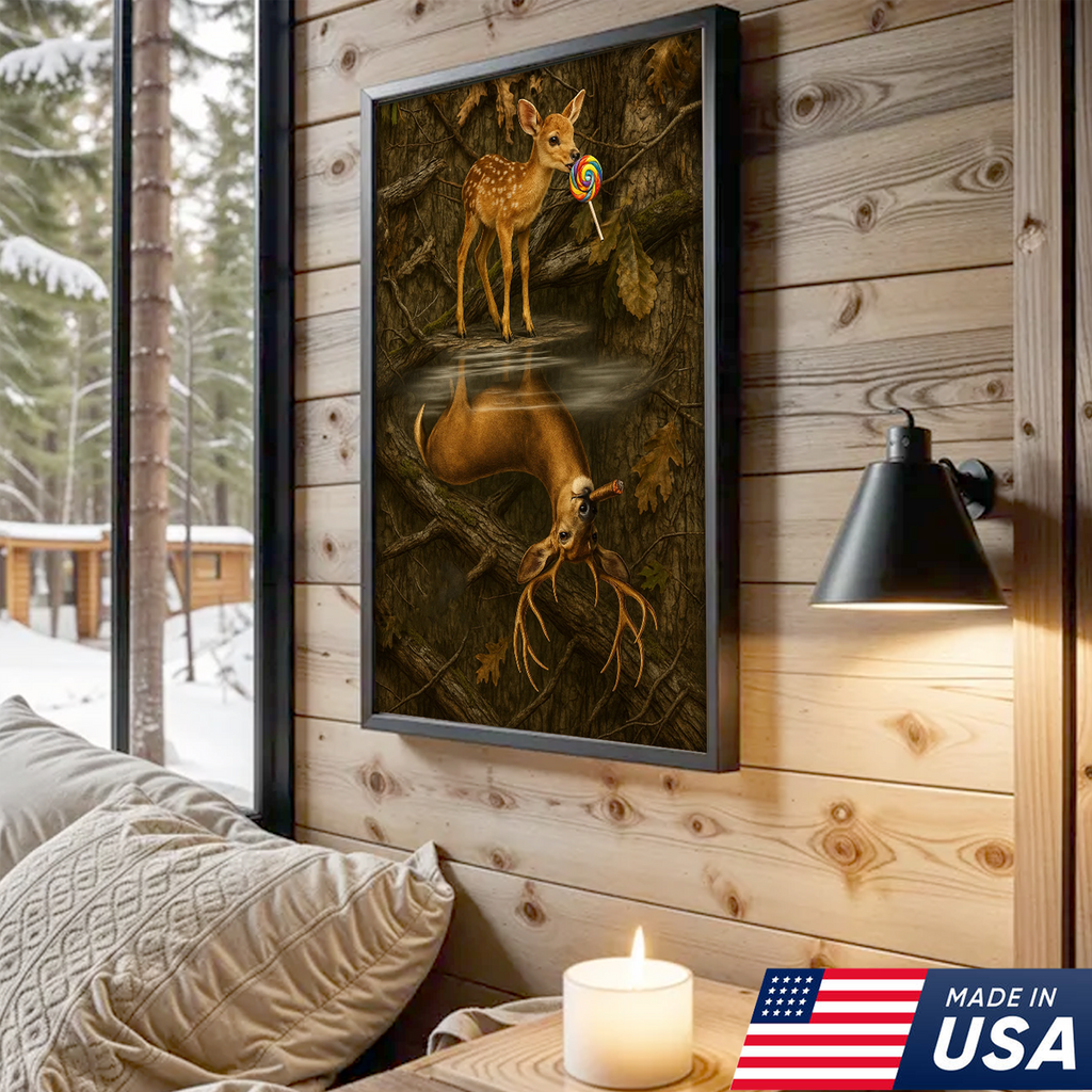 Whimsical Deer Reflection Canvas Art - Cute Fawn with Lollipop Forest Scene