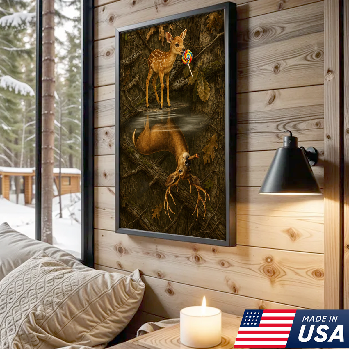 Whimsical Deer Reflection Canvas Art - Cute Fawn with Lollipop Forest Scene