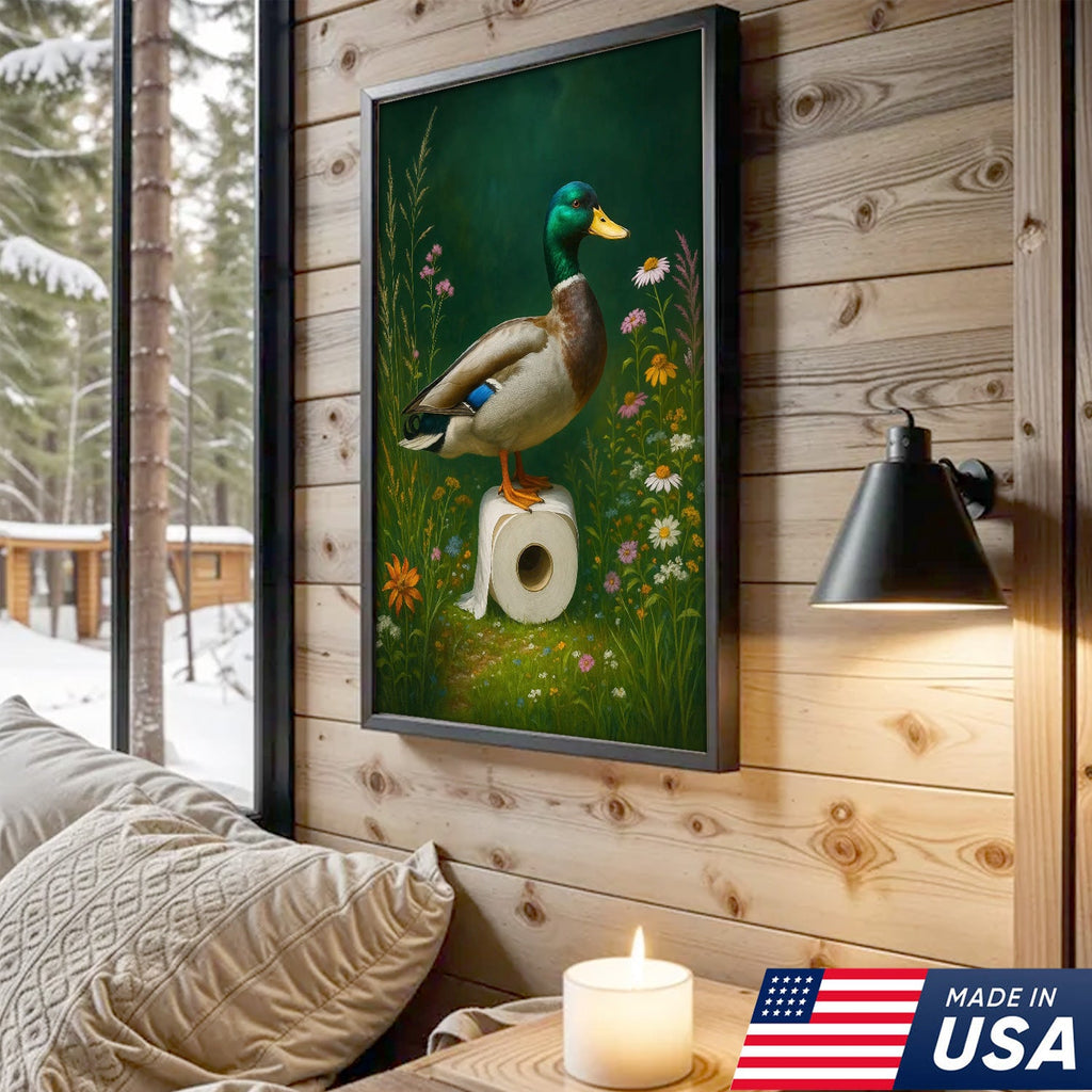 Duck on Toilet Paper Canvas Wall Art, Funny Bathroom Decor with Wildflowers