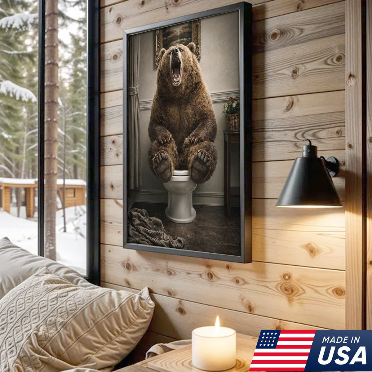 Funny Roaring Bear Bathroom Canvas Wall Art – Bear On Toilet Painting