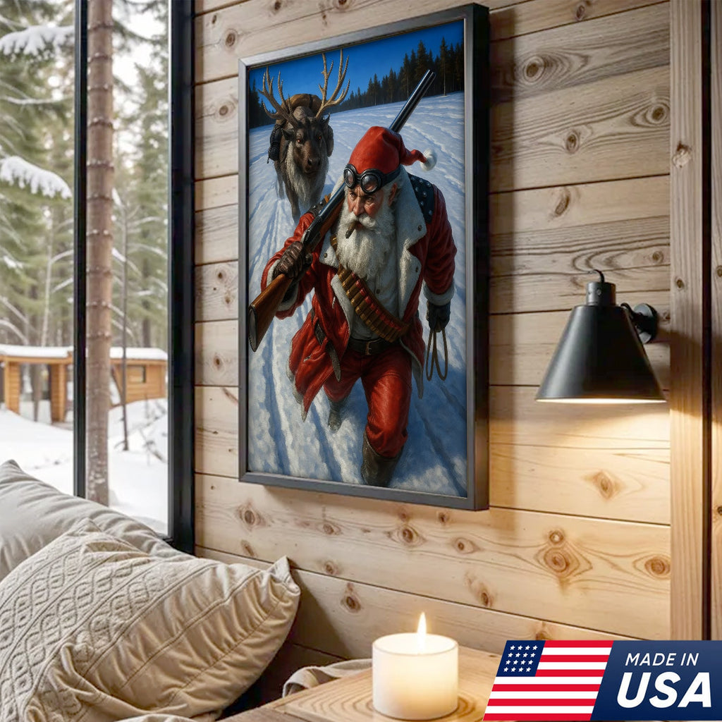 Action Santa Sprinting with Reindeer Canvas Wall Art, Epic Winter Christmas Decor