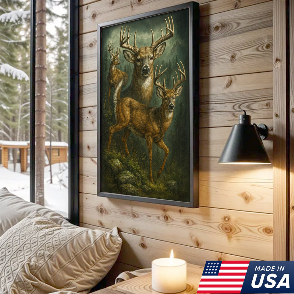 Whitetail Deer Trio Canvas Wall Art, Majestic Bucks in Forest Scene, Perfect Hunting Lodge