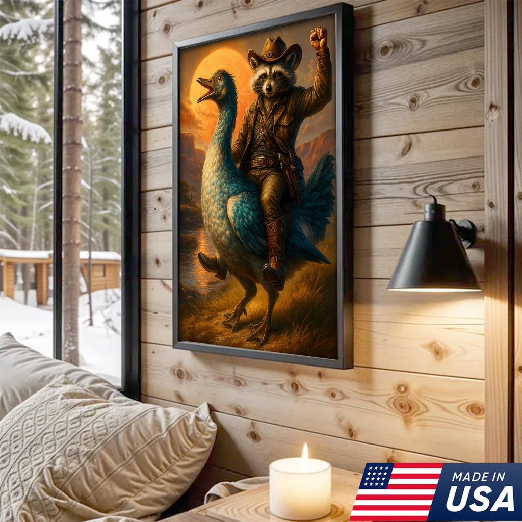 Raccoon Cowboy Riding Goose Canvas – Funny Western Wall Art for Hunters & Animal Lovers