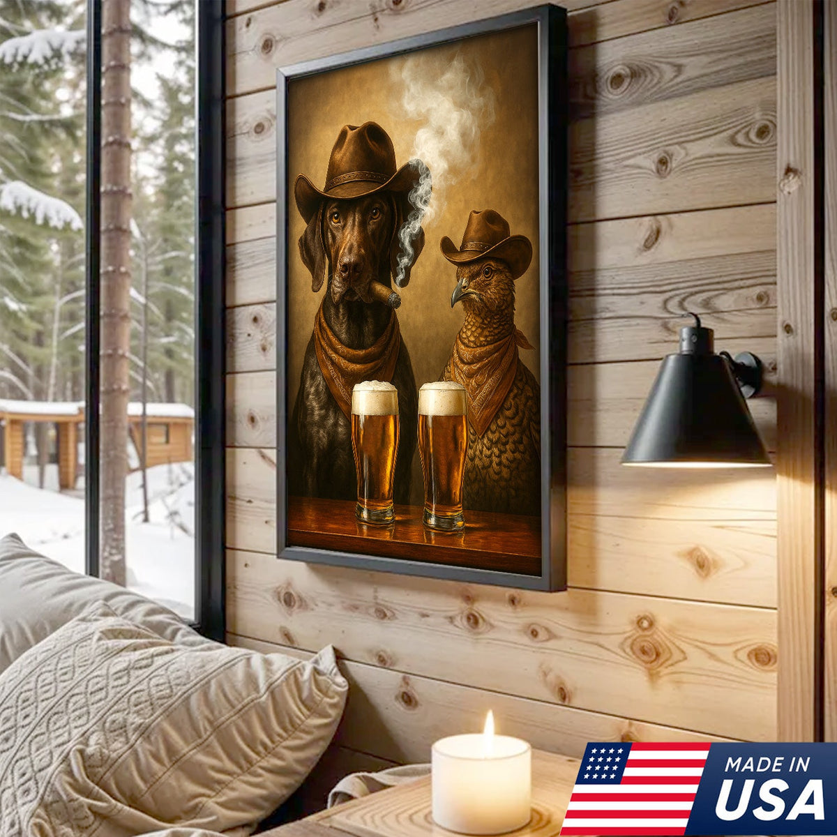 Funny Dog & Grouse Beer Canvas Wall Art – Rustic Cowboy Bar Decor Gift for Hunters & Outdoorsmen