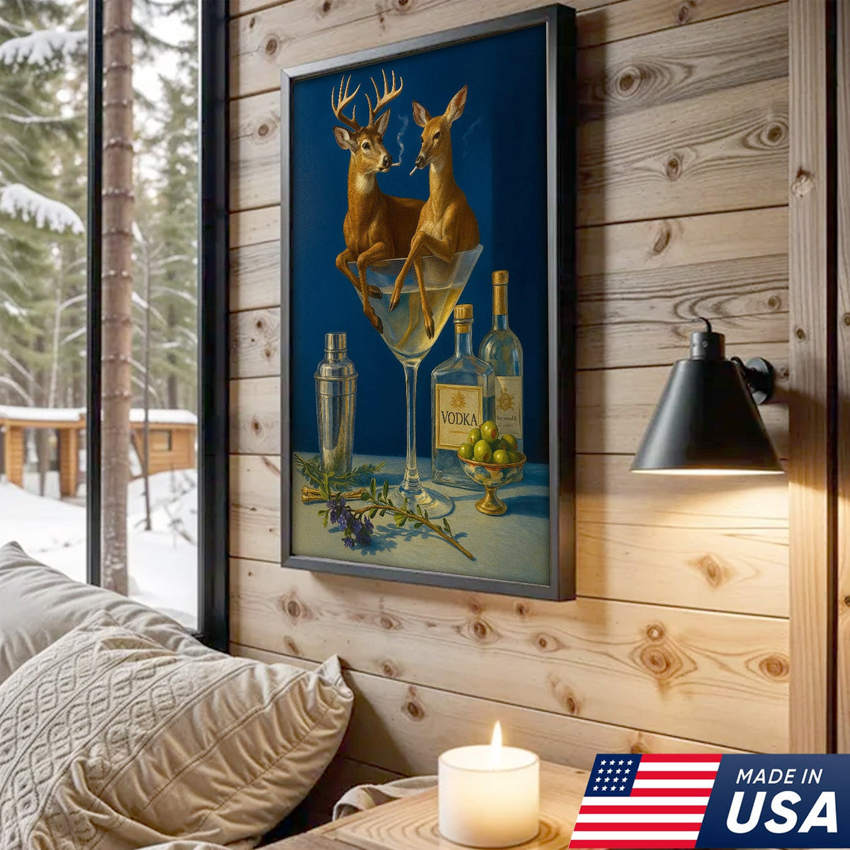 Funny Deer Couple Wall Art Canvas – Whimsical Buck and Doe in Martini Glass