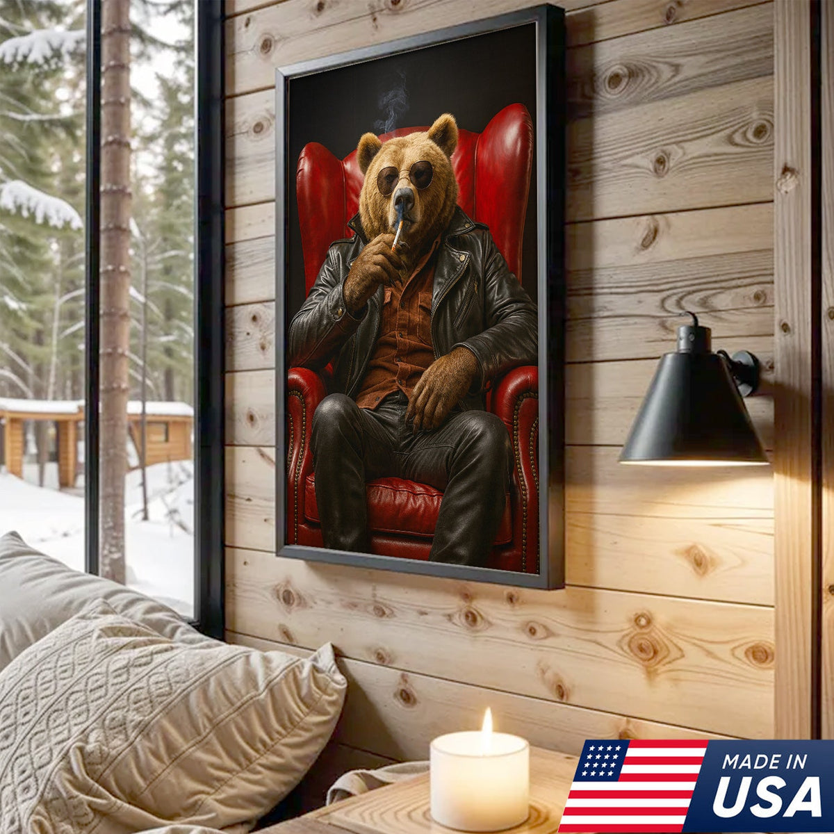 Cool Smoking Bear Wall Art Canvas – Badass Leather Chair Bear Canvas Print for Man Cave Decor