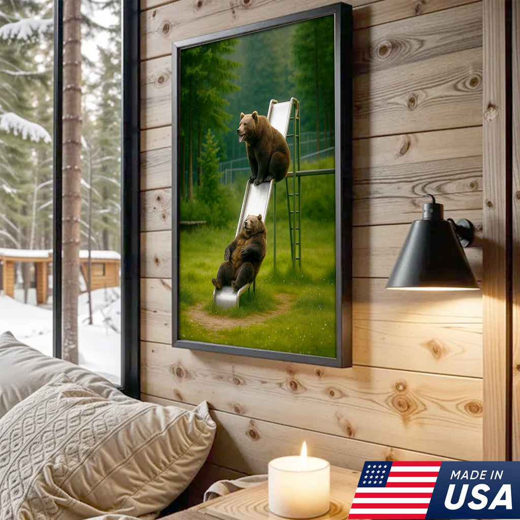 Bears on Playground Slide Canvas Wall Art, Funny Wildlife Cabin Decor