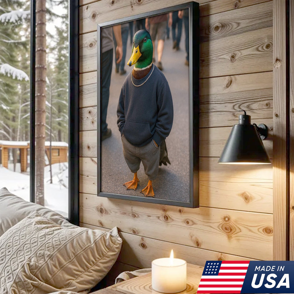 Funny Duck Canvas Wall Art, Cool Mallard in Hoodie Streetwear Poster